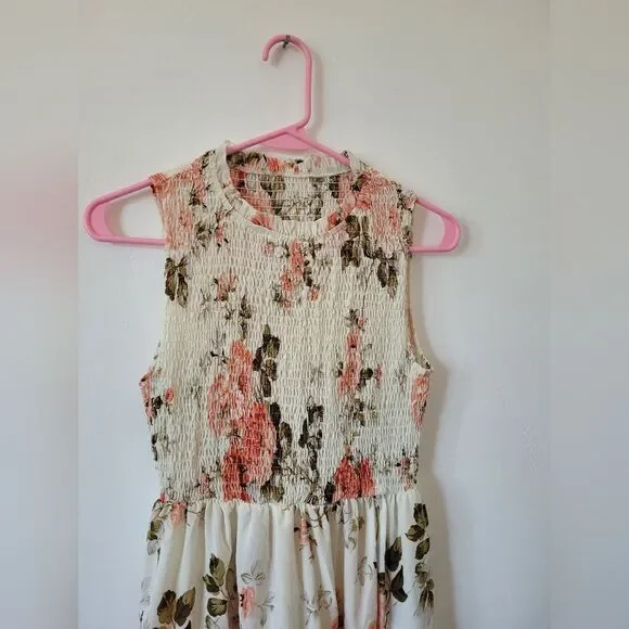 Cream Floral Midi Dress Smocked Tiered Fairy Cottage Whimsical Pastoral Maiden S - Picture 6 of 10